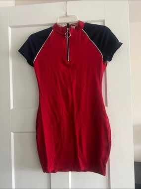 Red & Navy Zip-Front Short Sleeve Dress